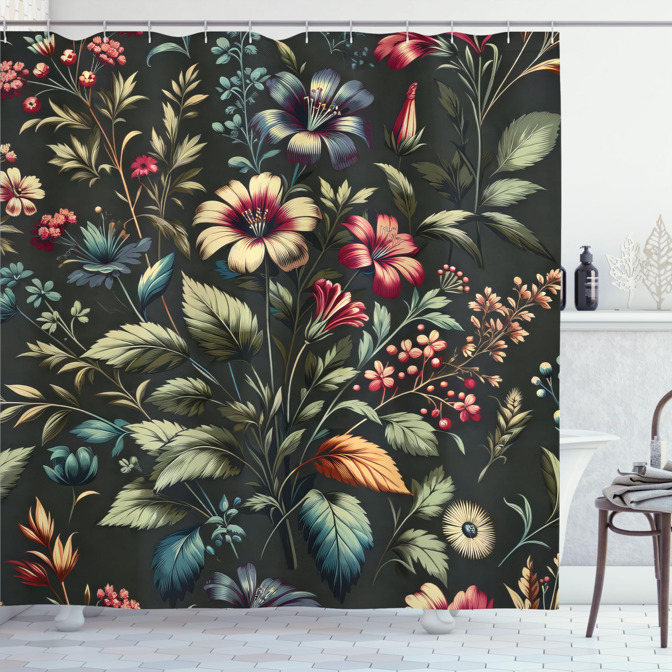 Ambesonne Floral Shower Curtain, Nostalgia Concept Leafy Jungle And Hibiscus Flowers With Modern Details, Cloth Fabric Bathroom